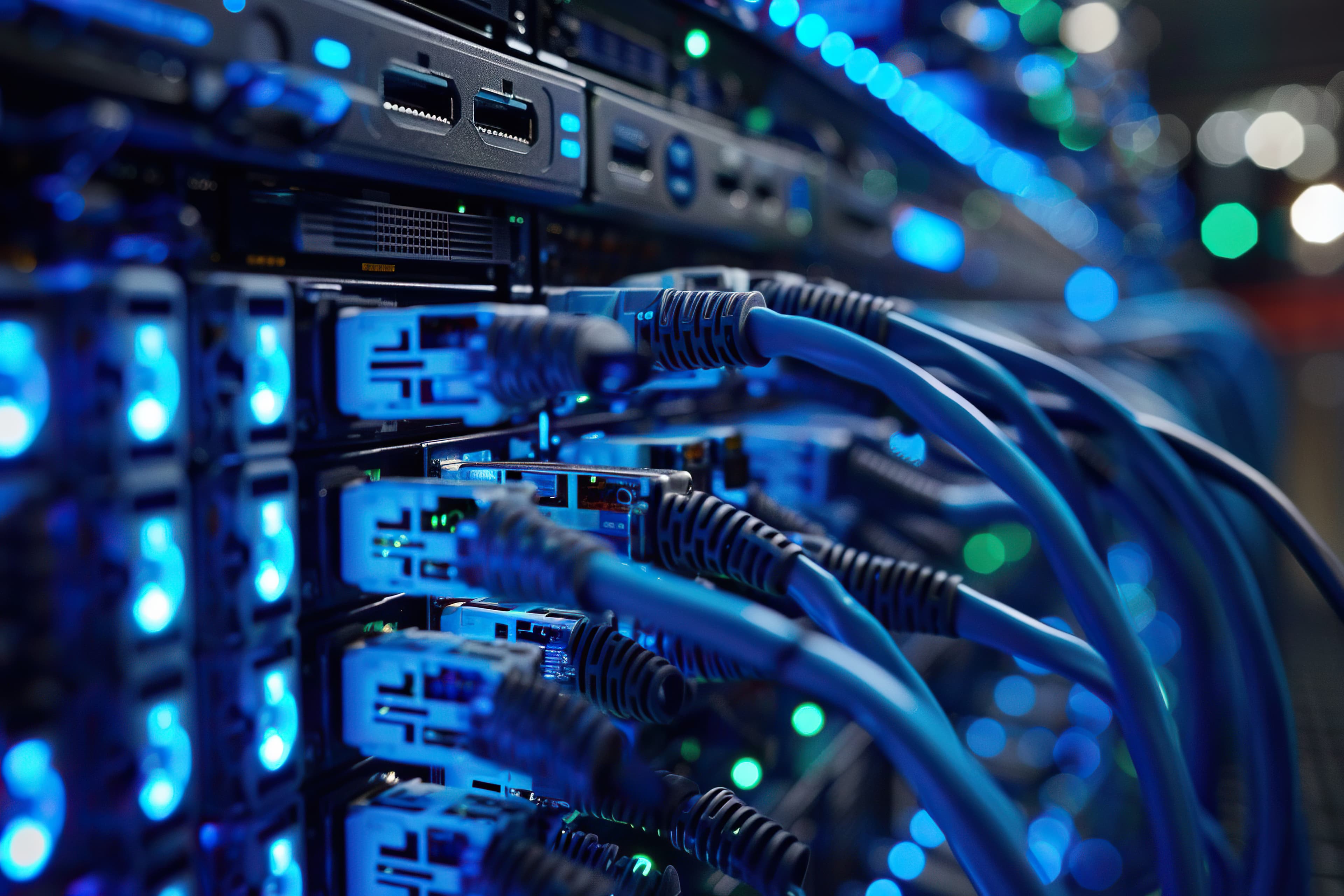 Network switch with ethernet cables connected in a server rack